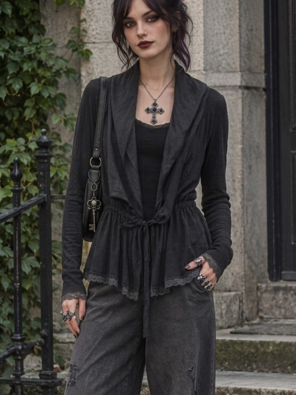 Dkny Gothic Look Charcoal Black Drawstring Draped Blazer